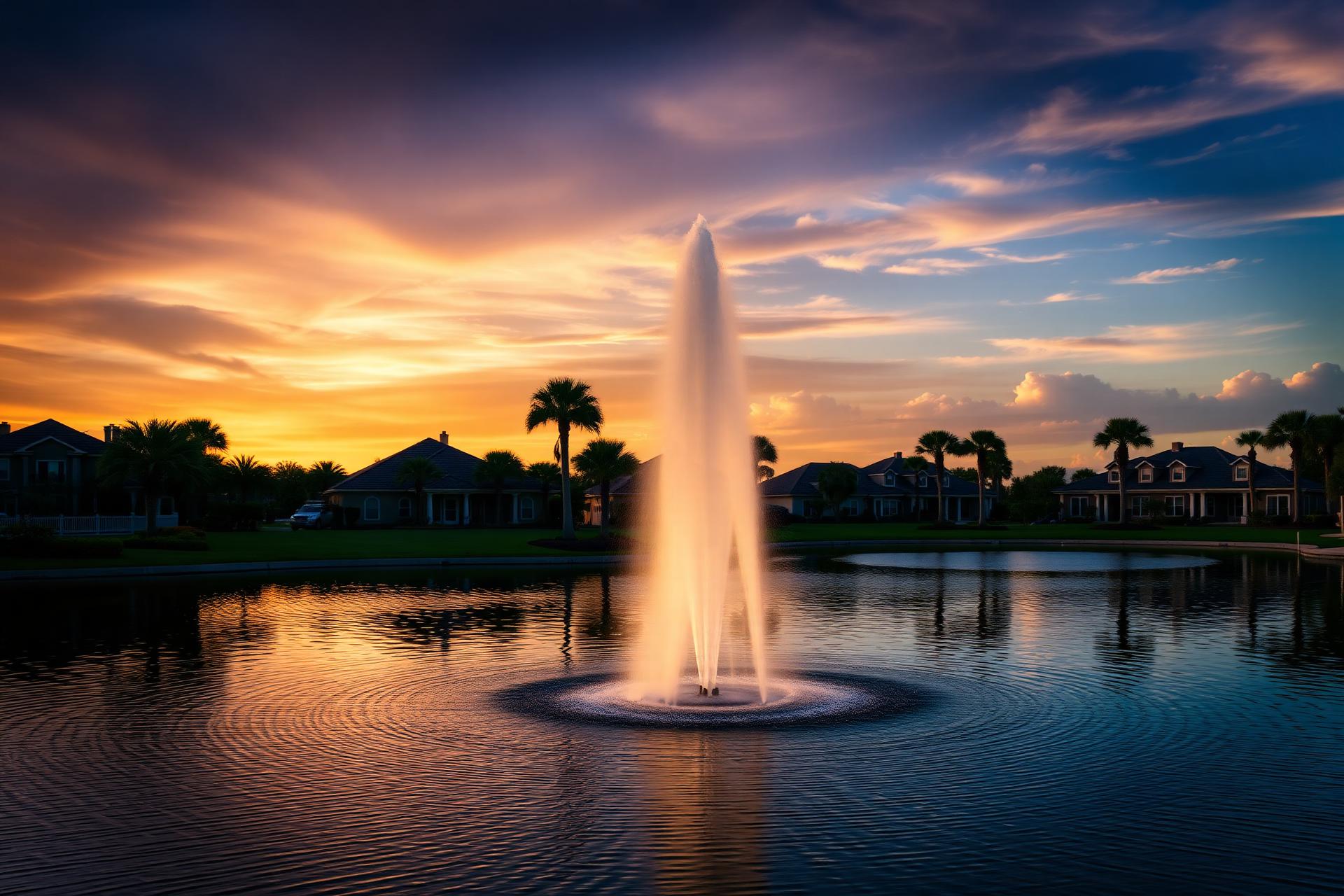 Florida community lake with fountain at sunset